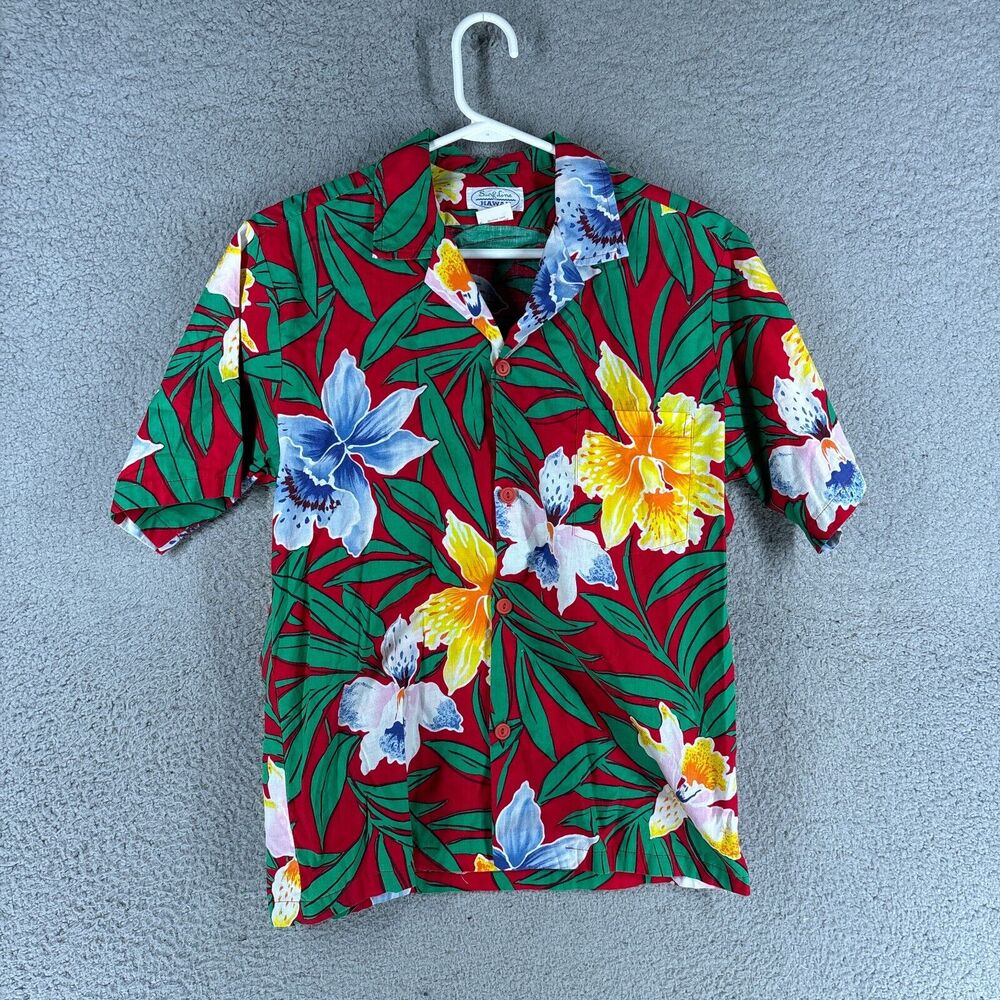 Surf Line Hawaii Shirt Mens M Red Hawaiian Floral Short Sleeve Button‎ Vintage